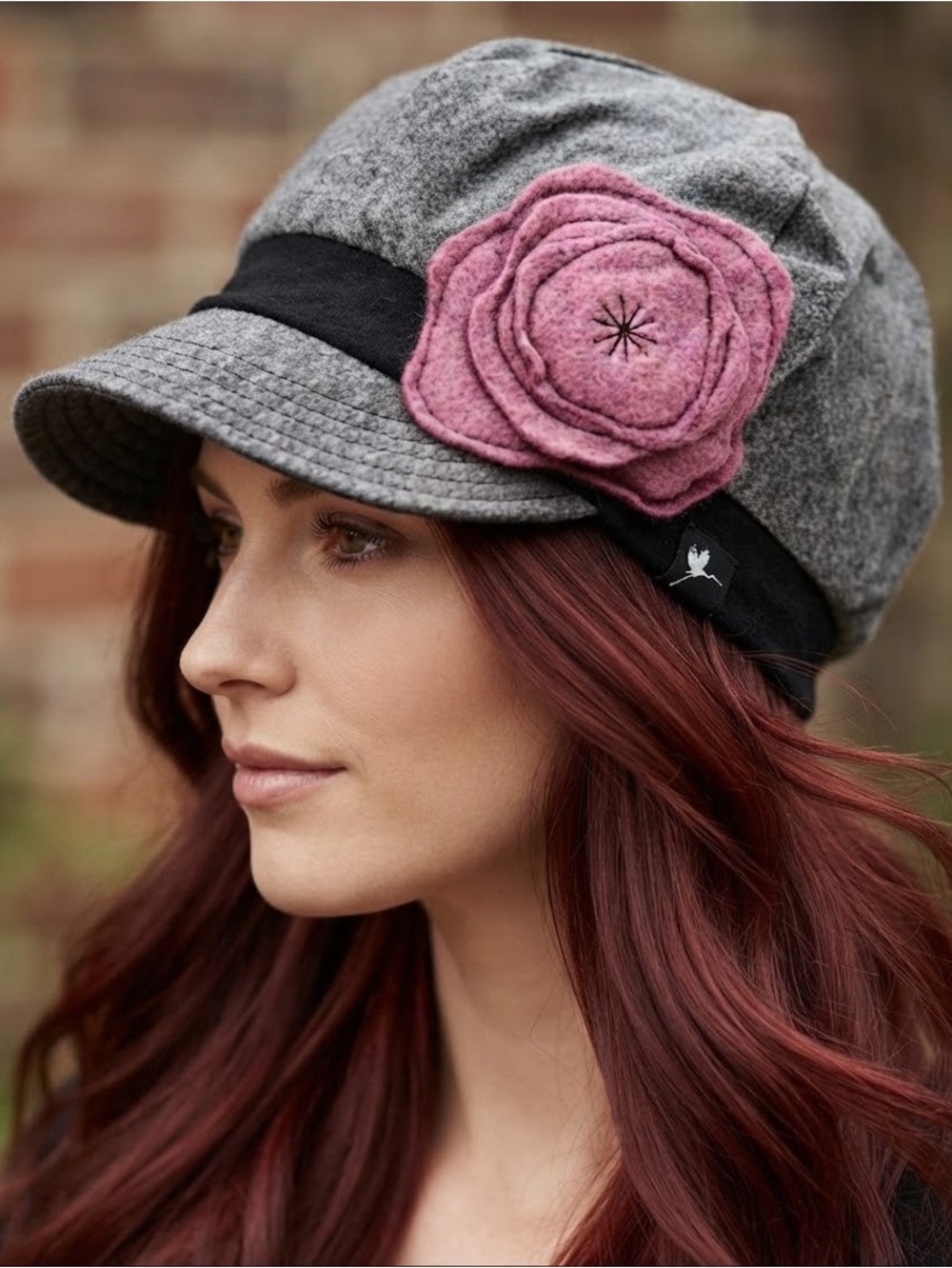 Gray Cotton blend stretch cap jersey baseball style Hat with Pink Rose Accent